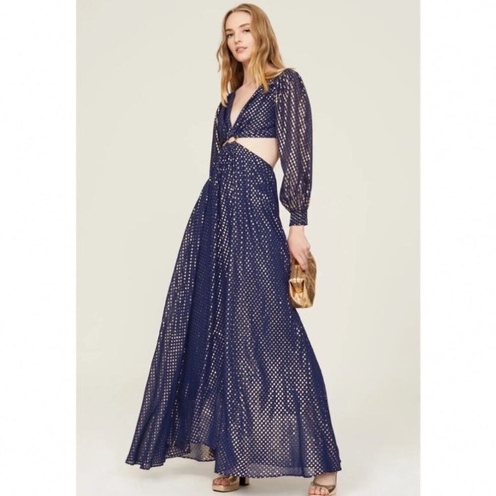 DELFI Collective Cerise Cutout Middle Blue Metallic Gold Dotted Gown Dress L